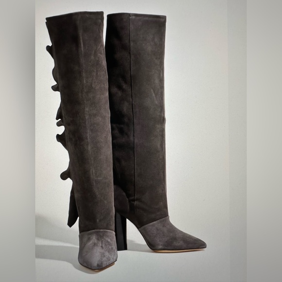 IRO Cidravol gray suede ruffle trimmed knee boots size 37 - Picture 2 of 15